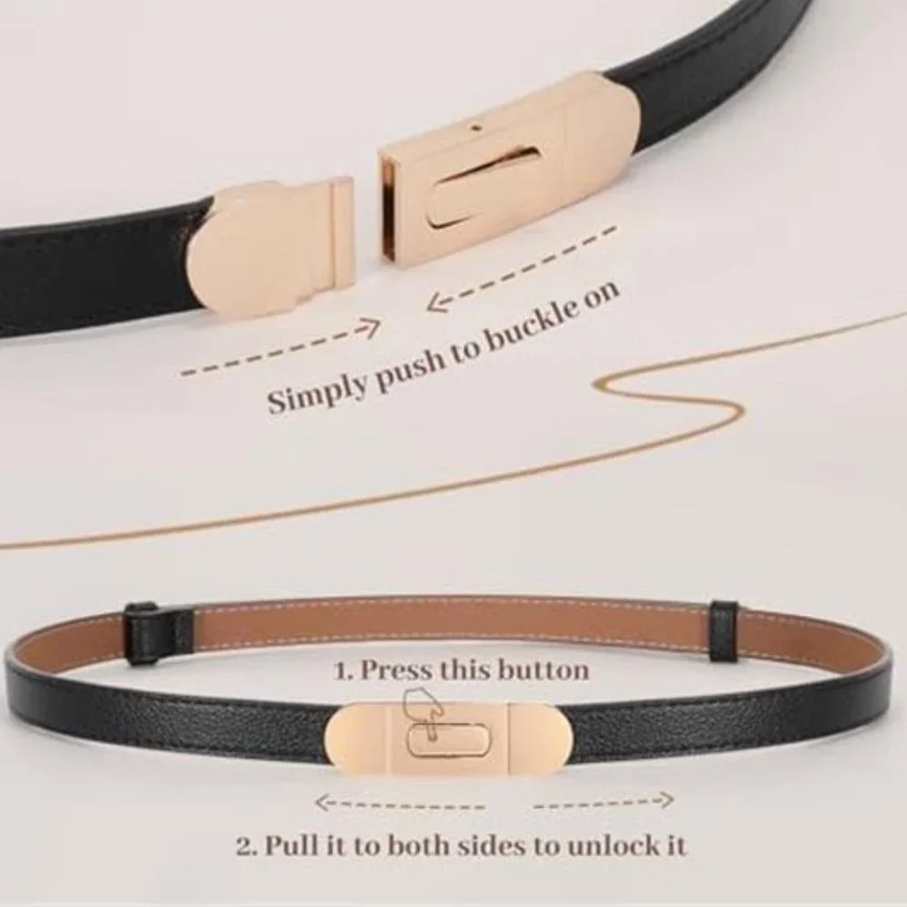 Skinny Women Belt Thin with Alloy Turn Lock Black - Picture 3 of 5
